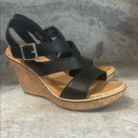 BOC Women's Black Leather Schirra Wedge Sandals - Picture 1 of 7